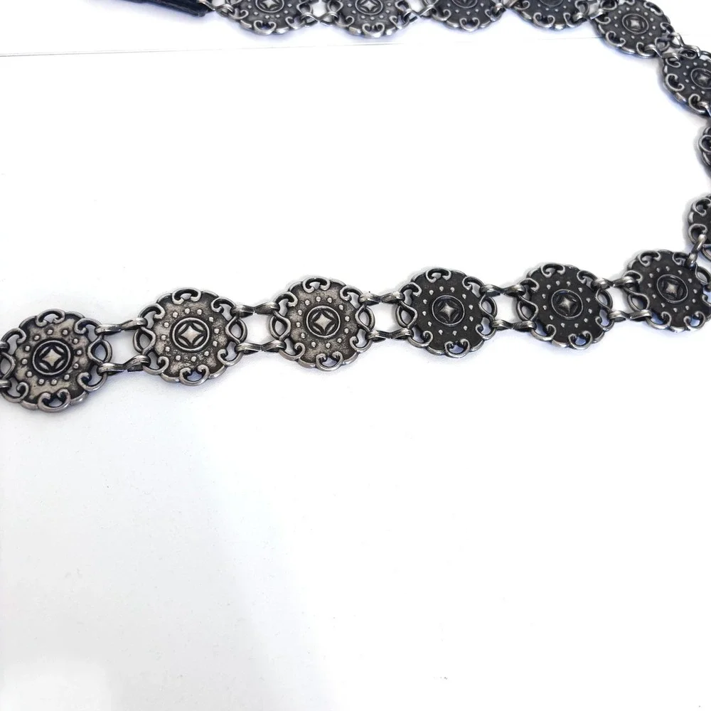 Western Concho Womens‎ Vintage Boho Chain Belt M/L Black Silver Floral Festival